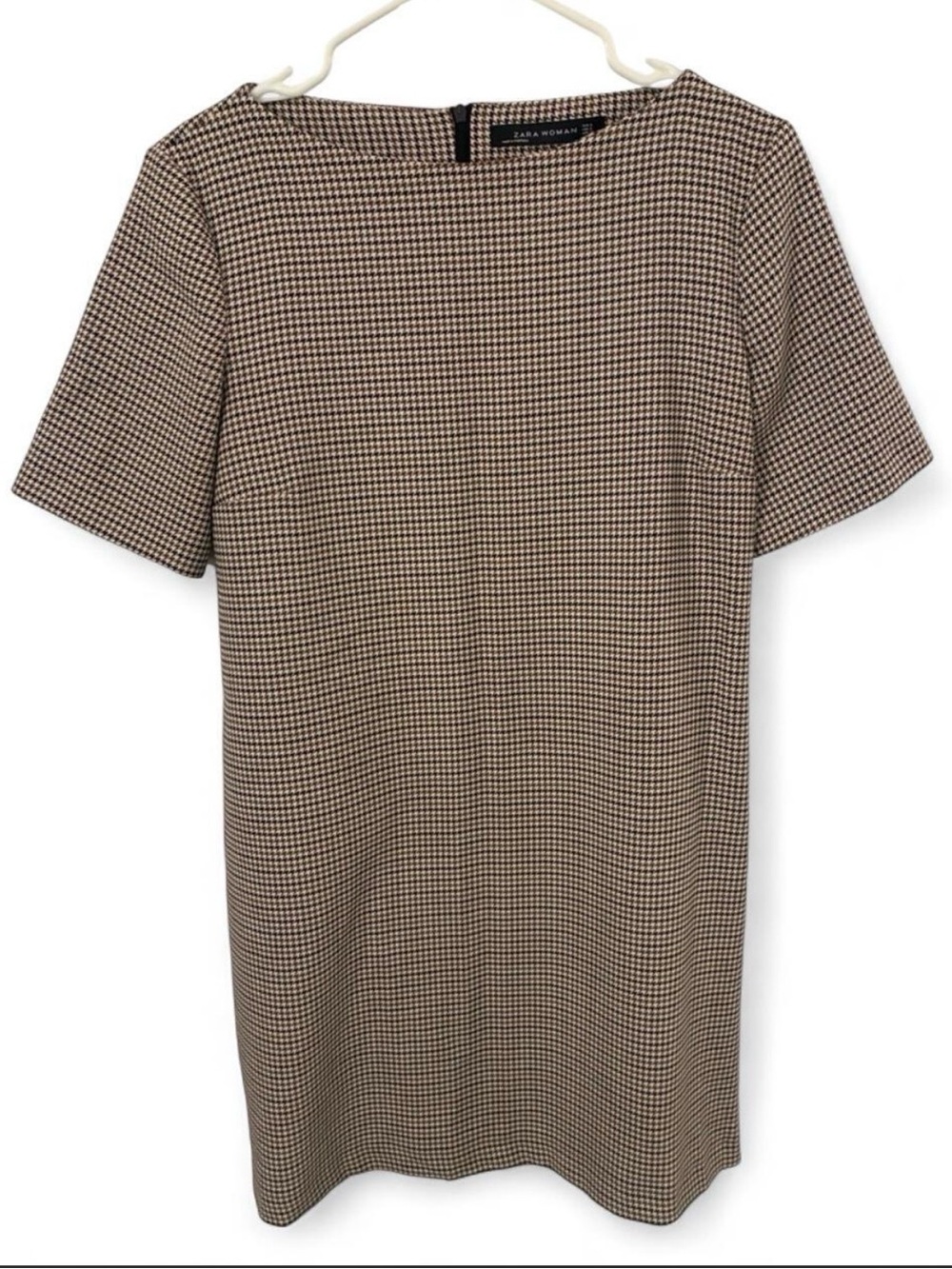 Zara Woman Houndstooth shift dress - Cream, Black & Burgundy
